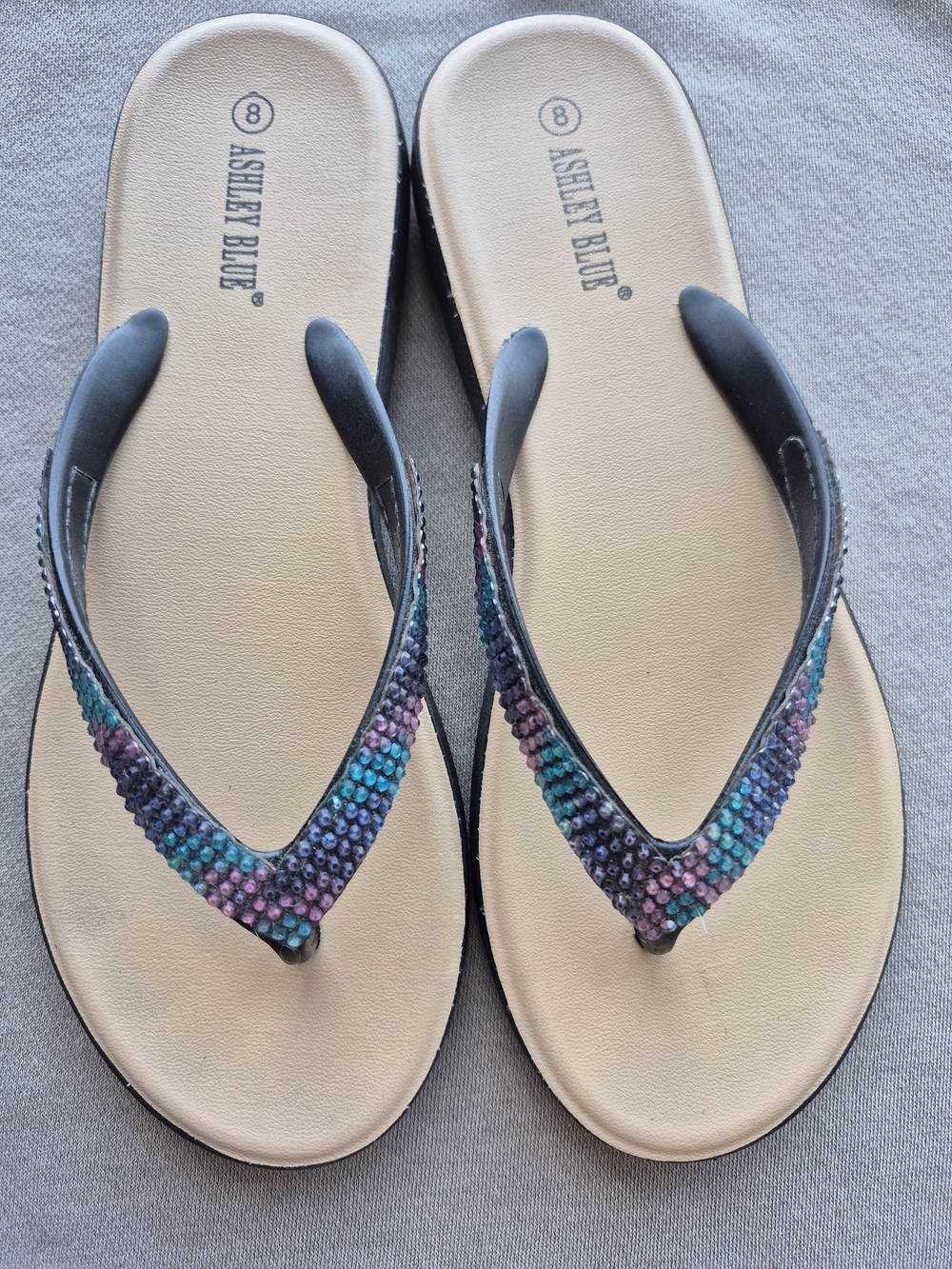 Ashley Blue Multicolor Crystal Strap Flip Flop Sandals - Beige Footbed